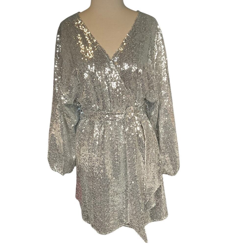 Anthropologie silver sequin wrap dress Size S belted shimmer long sleeve party